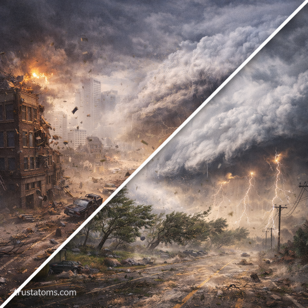 Split illustration comparing urban windstorm damage with a rural derecho showing strong straight-line winds and storm clouds.