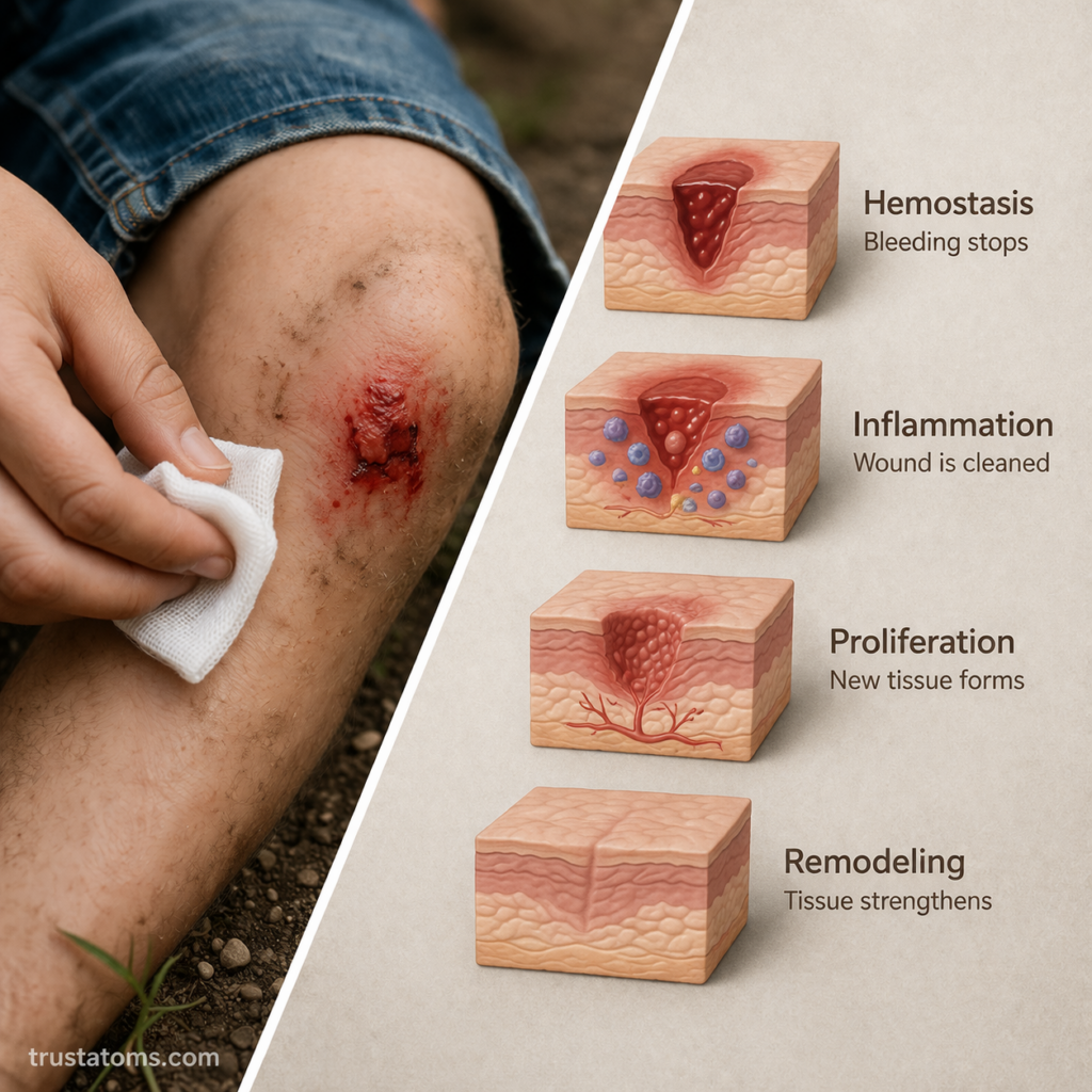 Split image showing an open skin wound on one side and a healed scar on the other, illustrating the skin repair process.