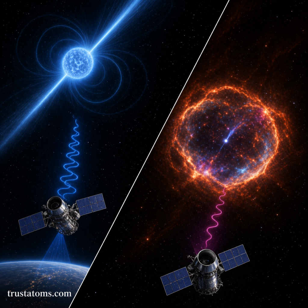 Split illustration showing a neutron star and a supernova remnant emitting X-rays, observed by space telescopes in orbit.