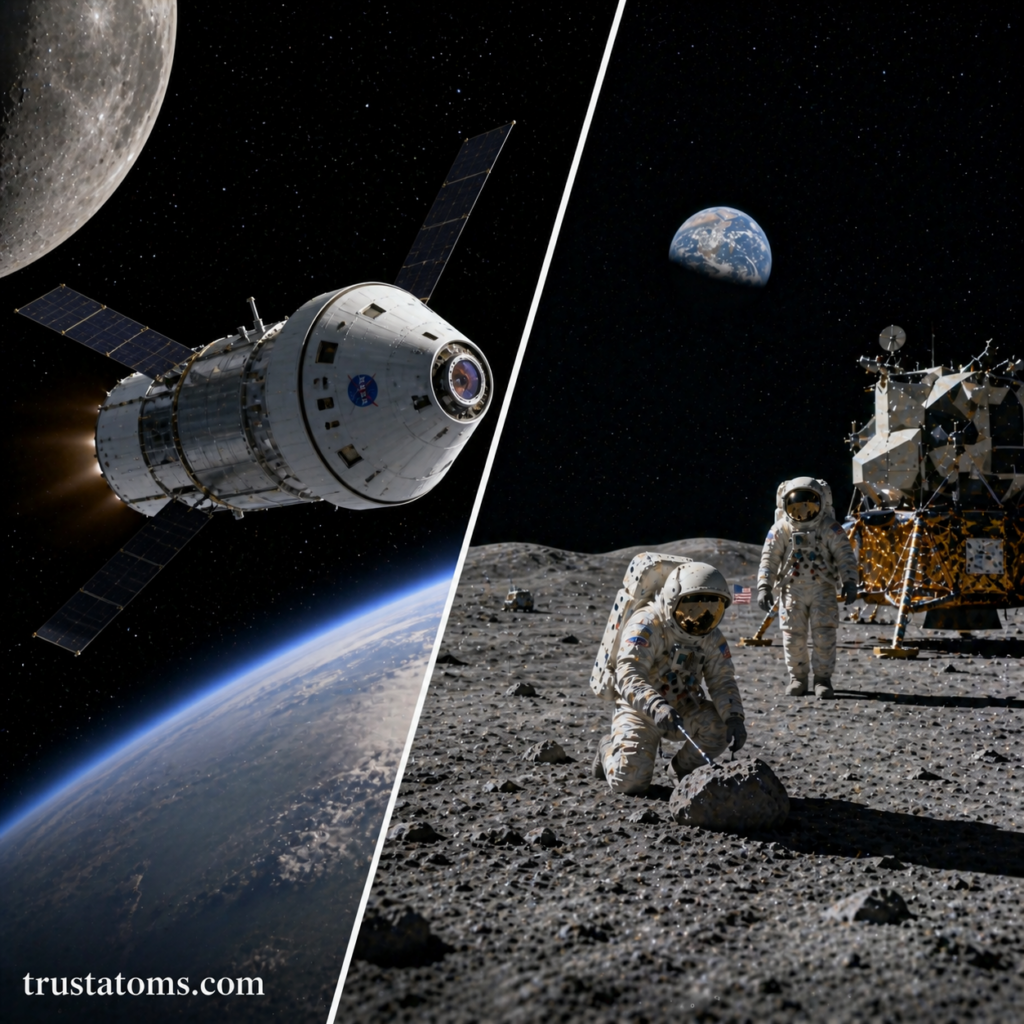 Split illustration showing a spacecraft orbiting near the Moon on one side and astronauts working on the lunar surface near a lander on the other.