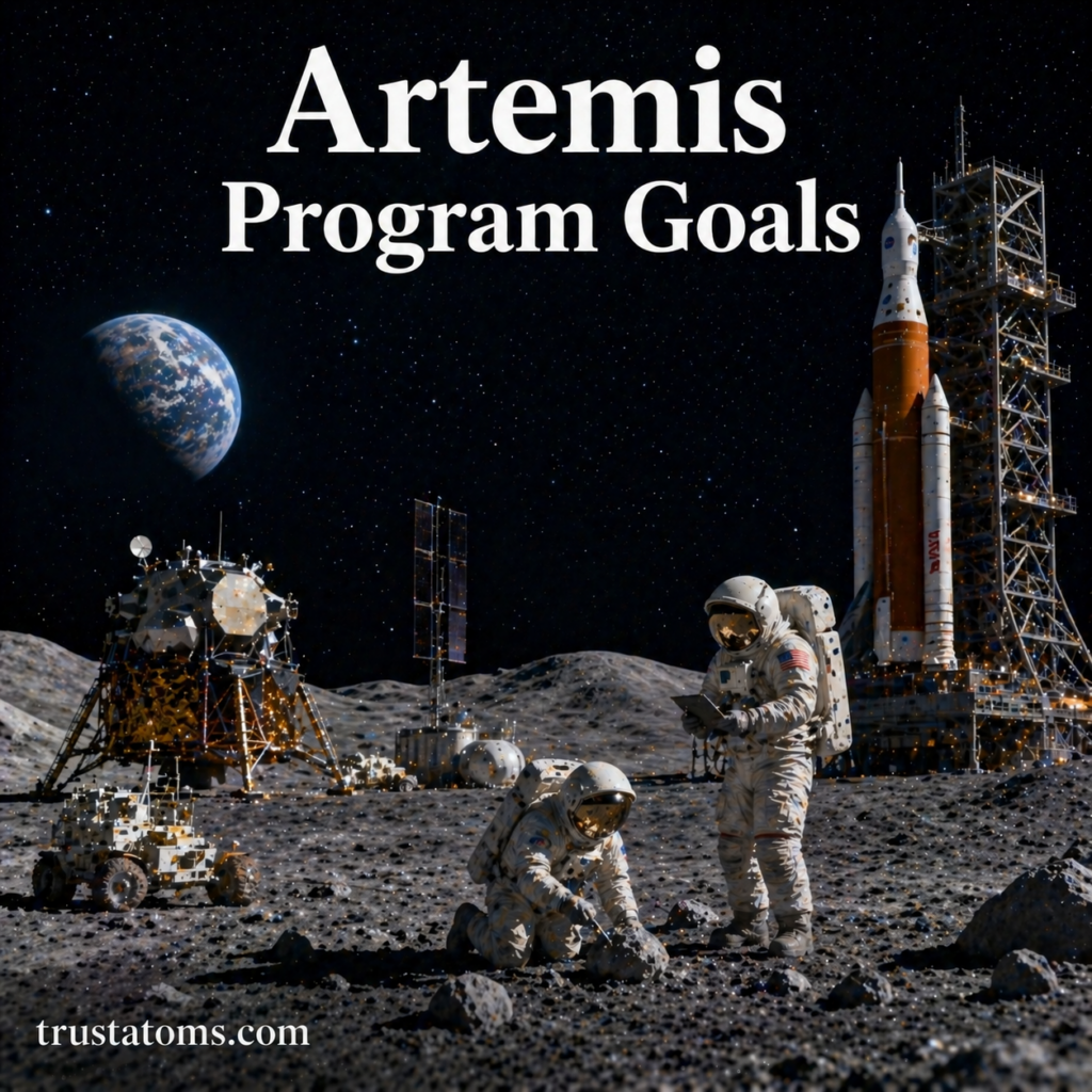 Illustration of astronauts working on the Moon with a rocket, lunar base, and equipment representing the Artemis program.