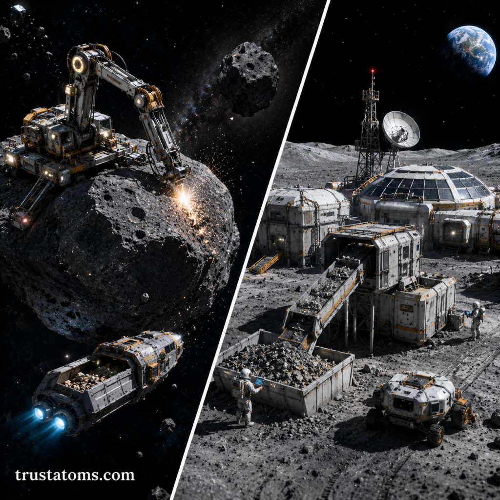 Split-view illustration showing robotic asteroid mining operations and a futuristic lunar mining base on the Moon.