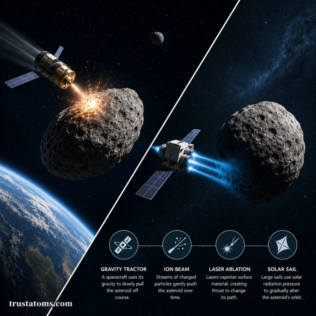 Split illustration showing spacecraft using impact and ion beam methods to redirect asteroids in space near Earth.