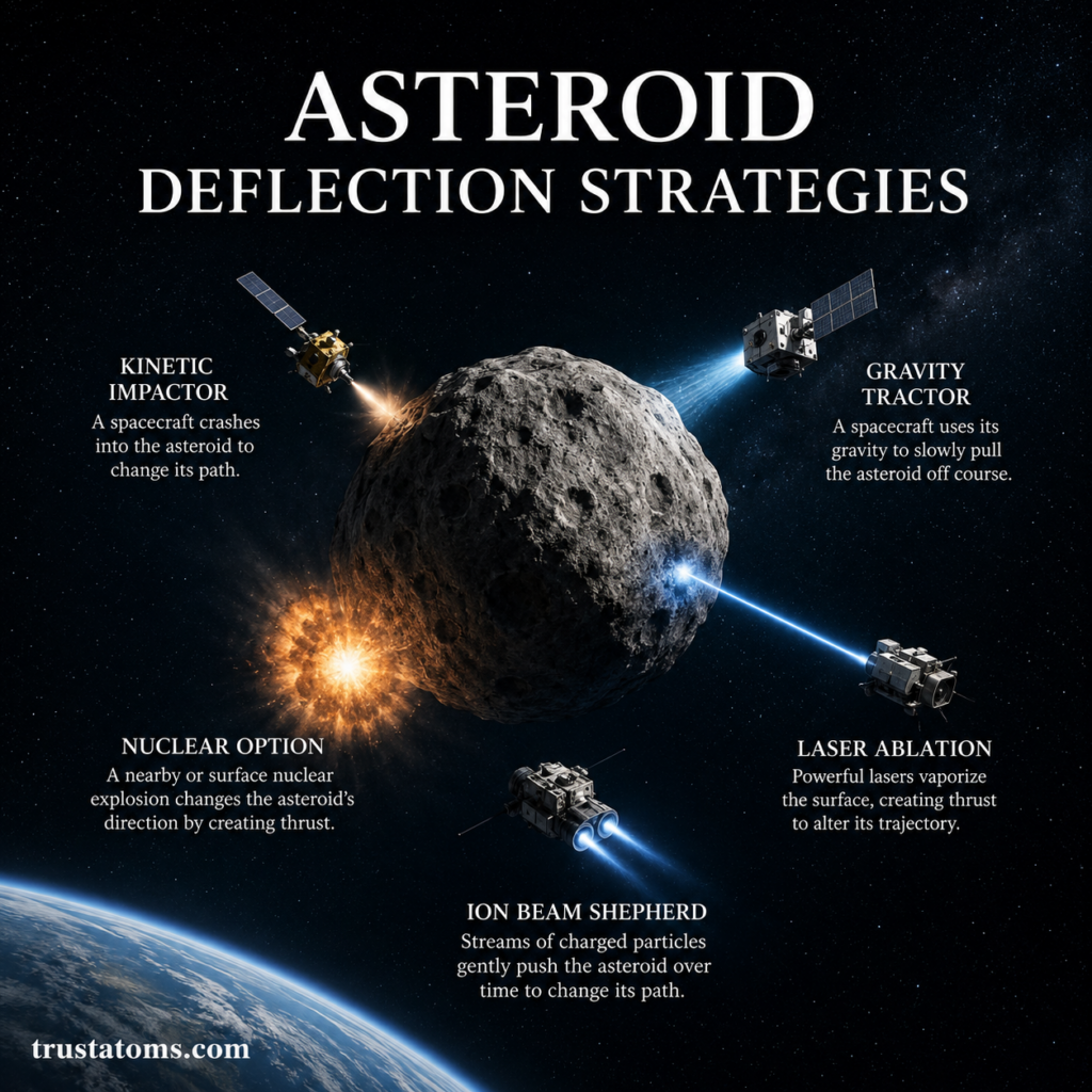 Illustration showing asteroid deflection strategies with spacecraft redirecting an asteroid in space near Earth.