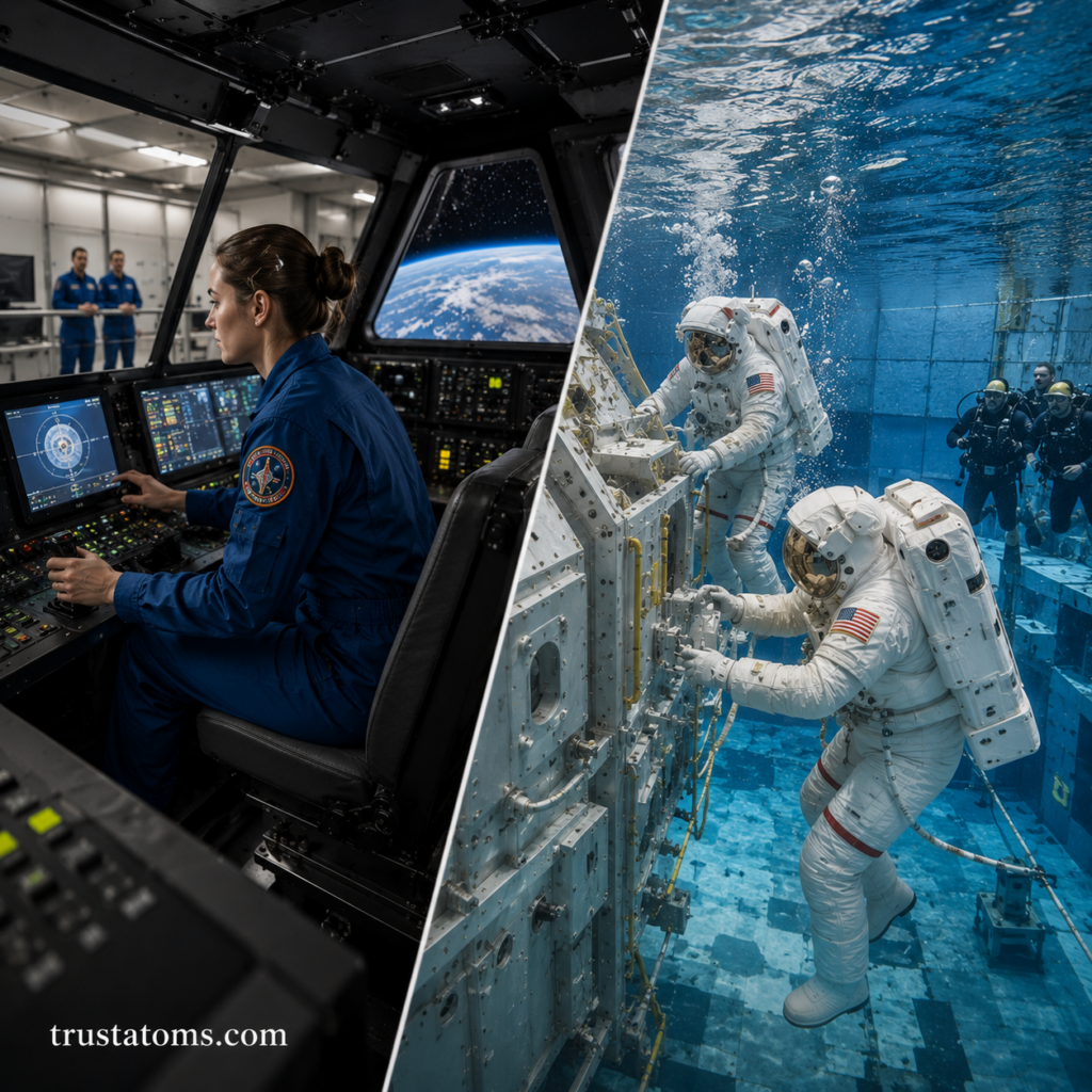 Split illustration of astronaut spacecraft simulator training and underwater neutral buoyancy EVA practice in a training facility.