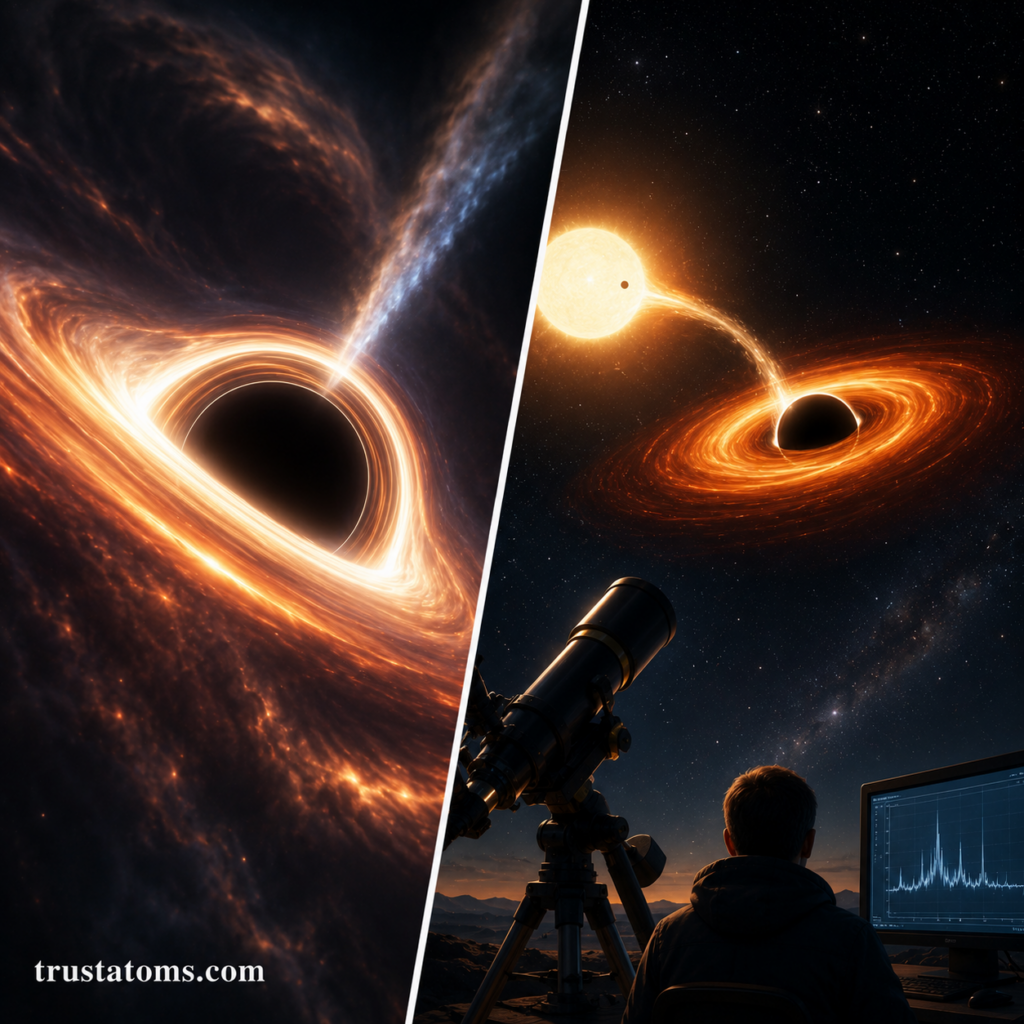 Split illustration showing a glowing black hole accretion disk and an astronomer observing a black hole system through a telescope.