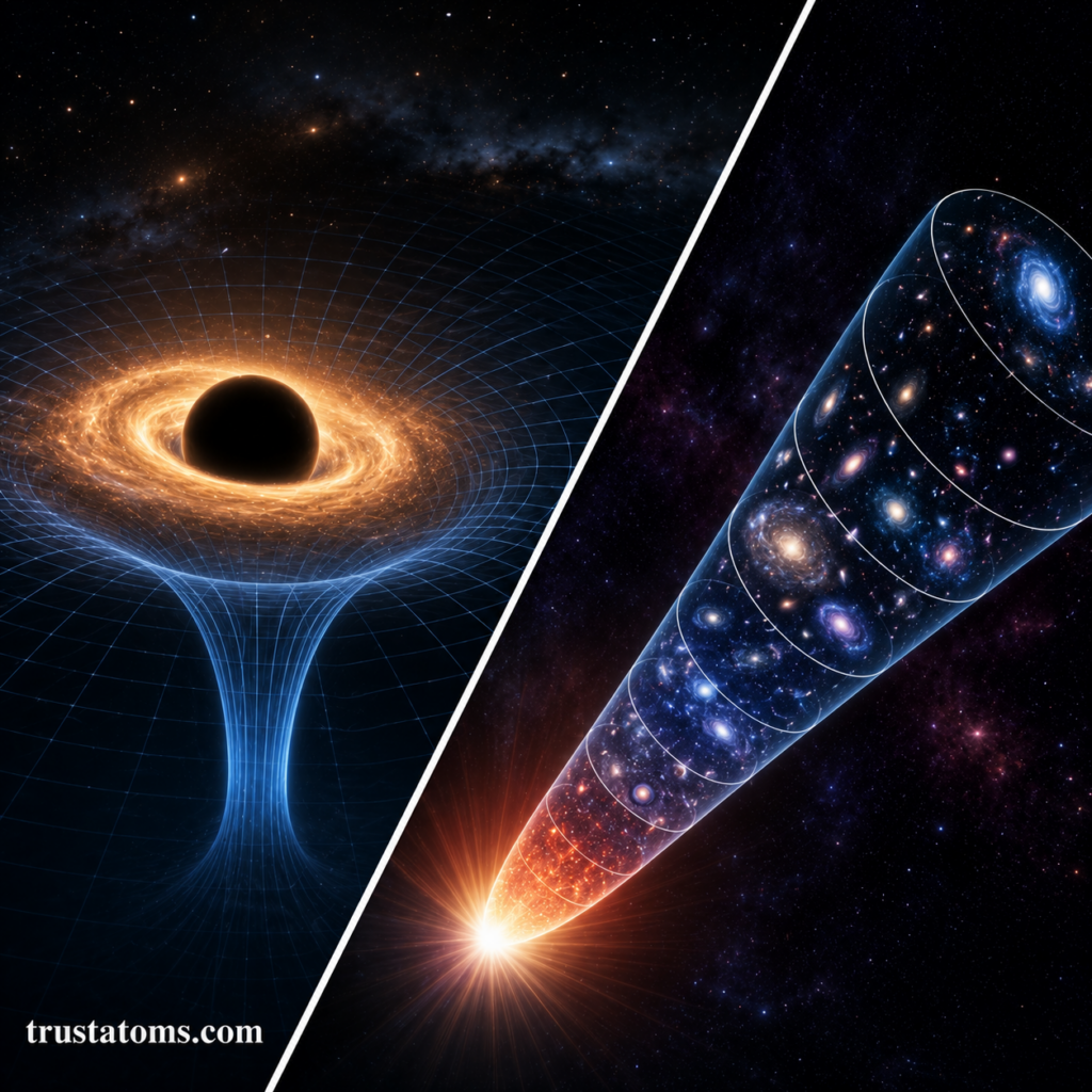 Split illustration comparing a black hole singularity with the expansion of the universe after the Big Bang.