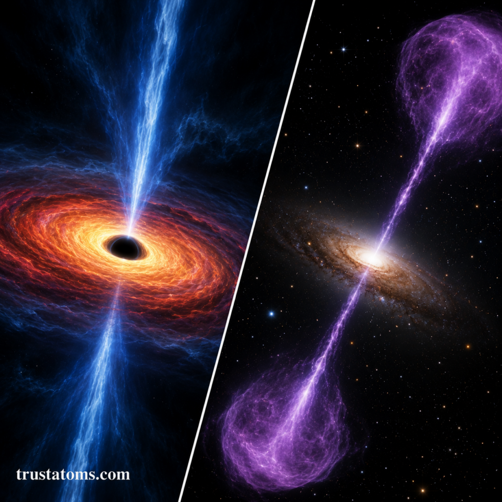 Split illustration comparing relativistic jets from a black hole accretion disk and an active galaxy core.