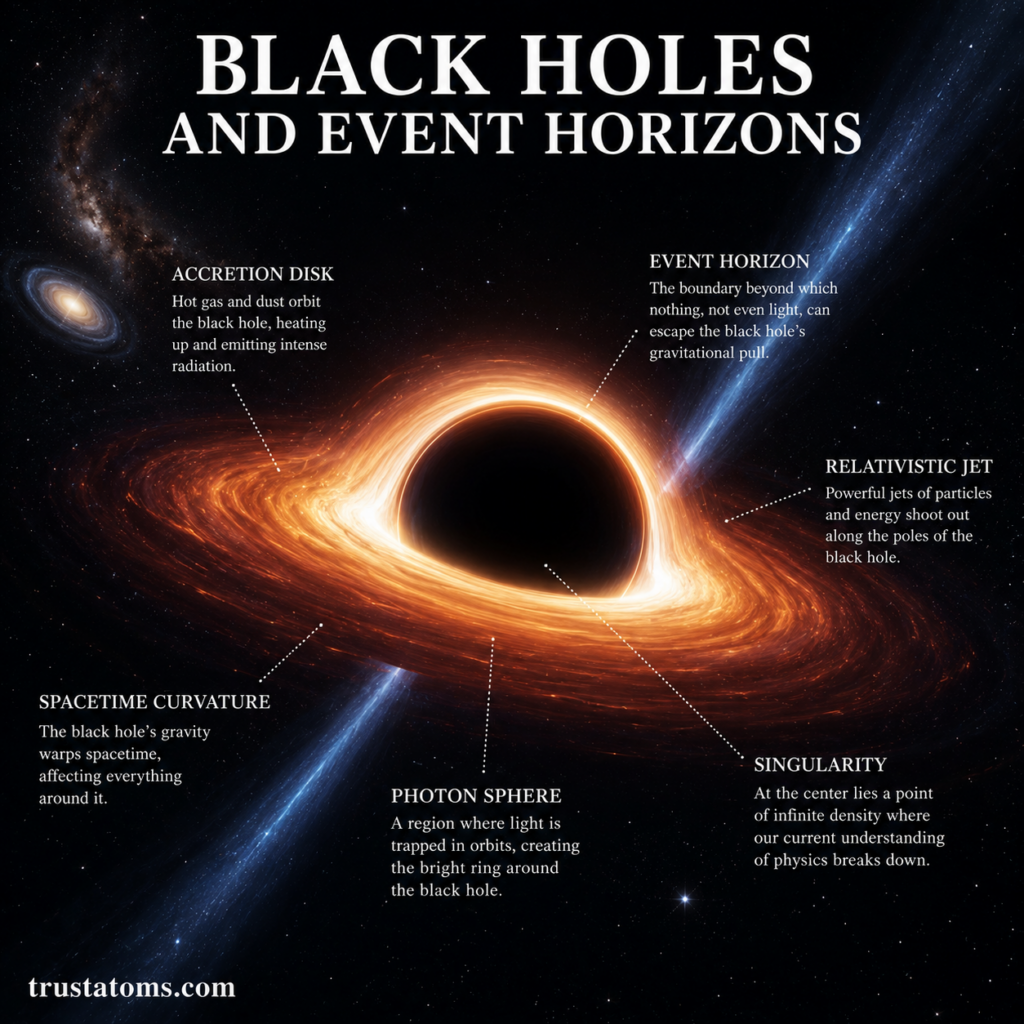 Illustration of a black hole with an accretion disk, event horizon, relativistic jets, and warped spacetime in deep space.