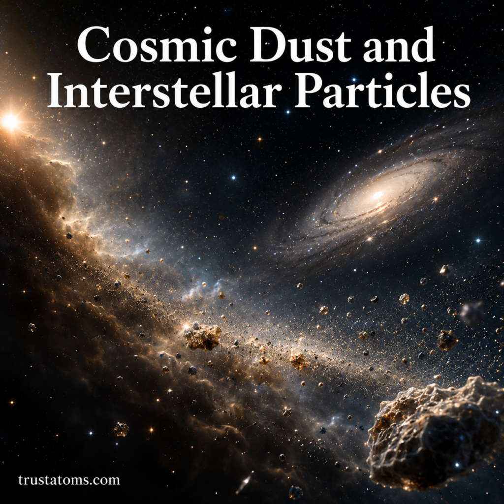 Illustration showing cosmic dust, interstellar particles, nebulae, and scattered debris drifting through deep space near a spiral galaxy.