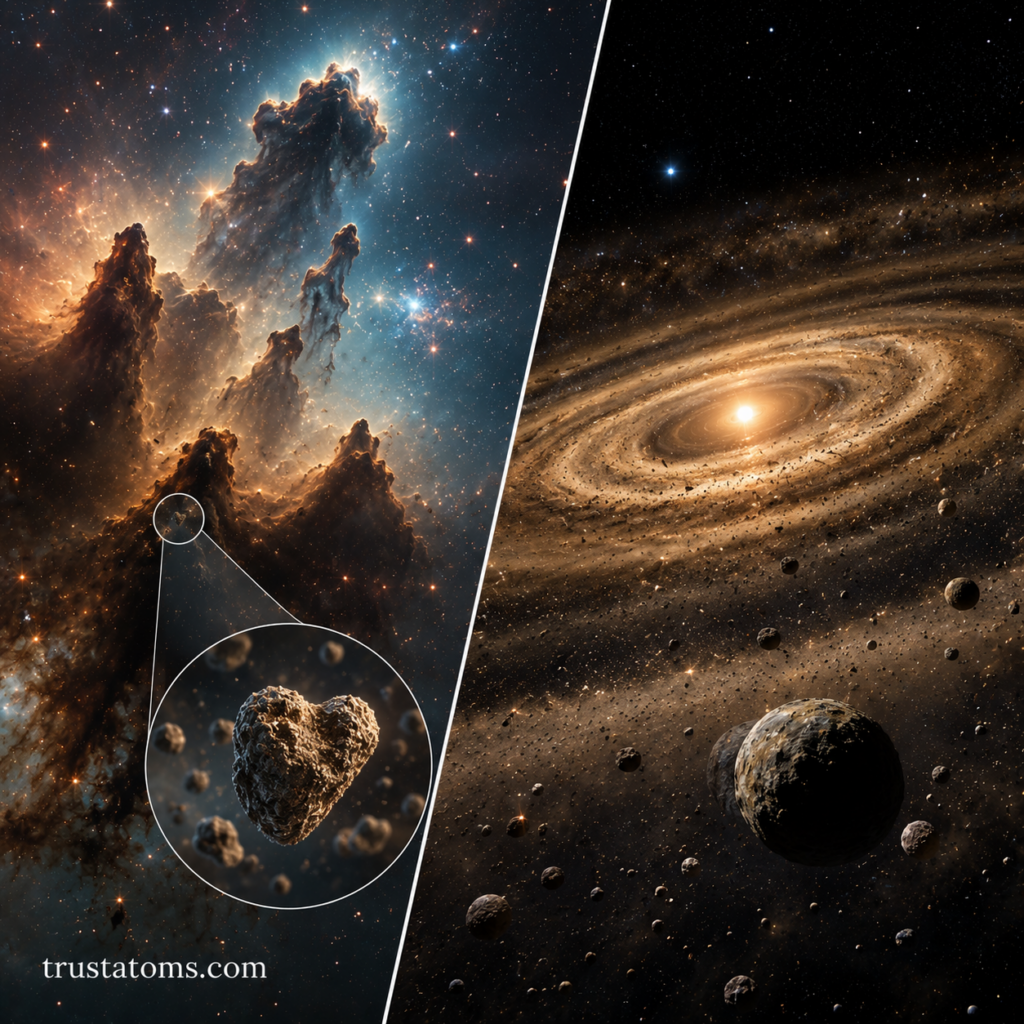 Split-scene illustration showing interstellar dust clouds, microscopic cosmic particles, and a protoplanetary disk forming planets.
