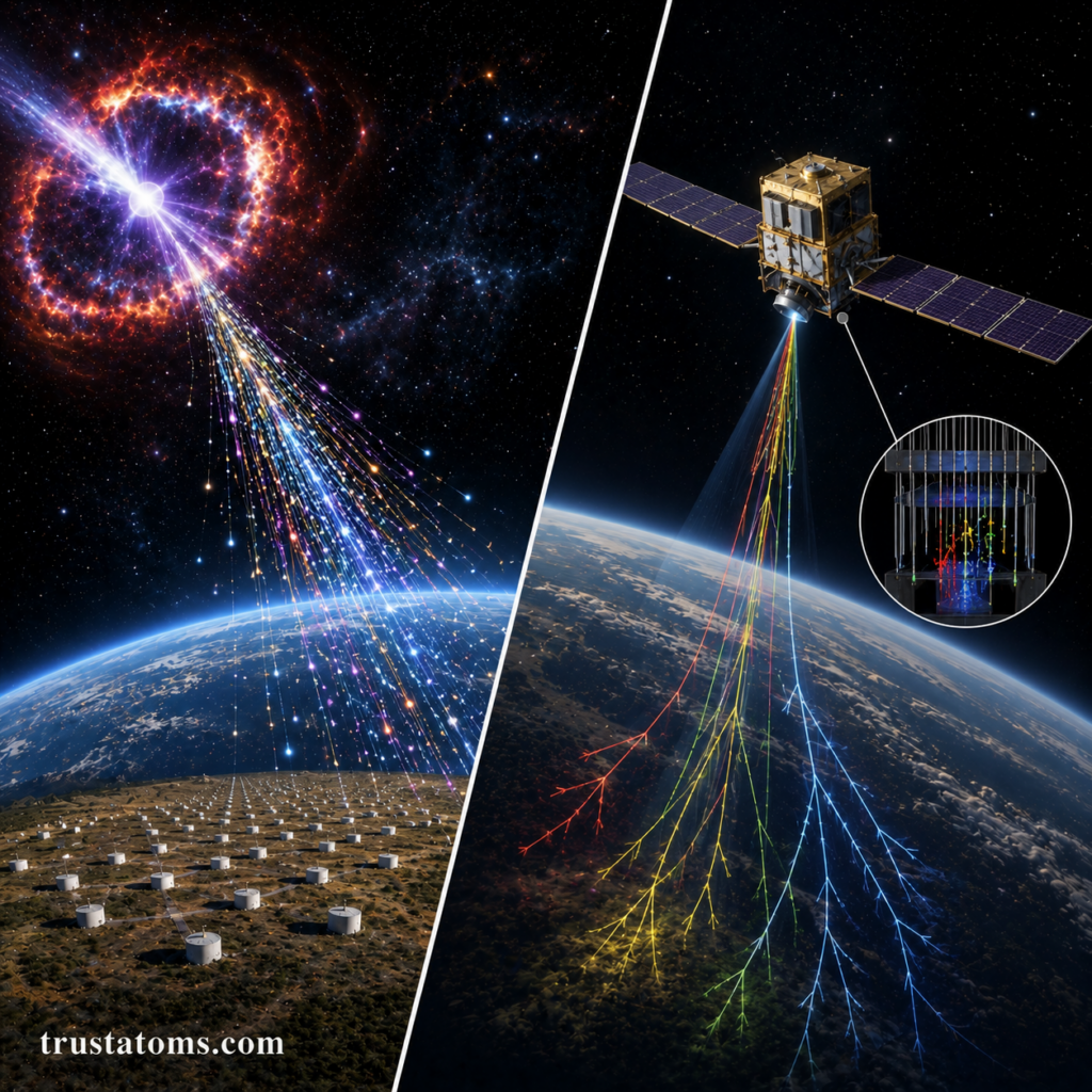 Split illustration showing cosmic rays entering Earth’s atmosphere and satellites detecting high-energy particle showers from space.