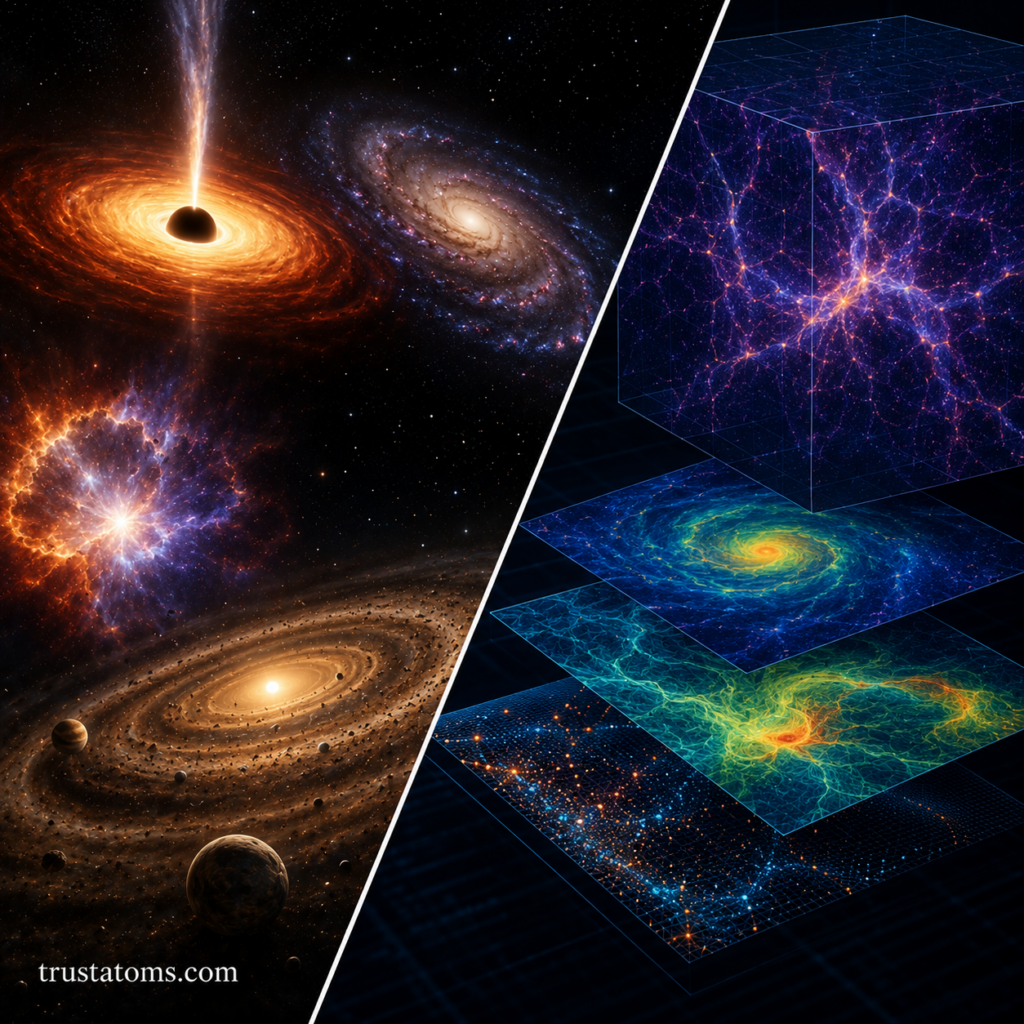 Split-scene illustration showing astrophysical simulations of black holes, galaxies, supernovae, and large-scale cosmic structure modeling.