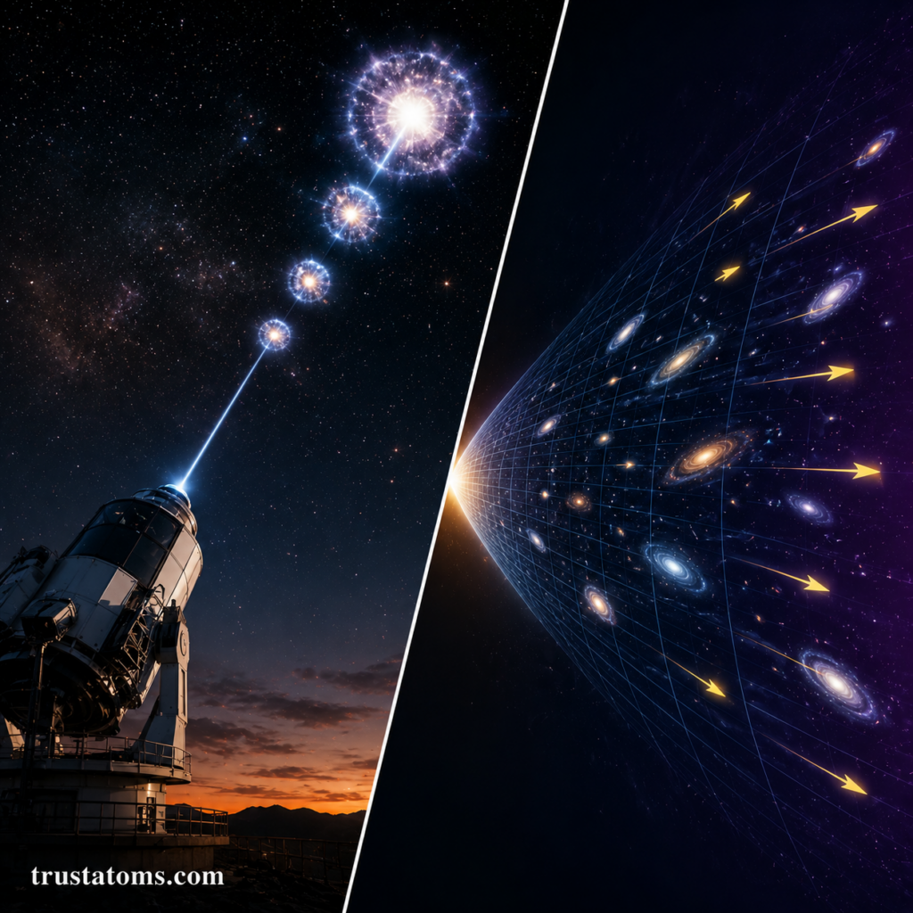 Split illustration showing an observatory studying distant supernovae alongside a visualization of the expanding universe driven by dark energy.