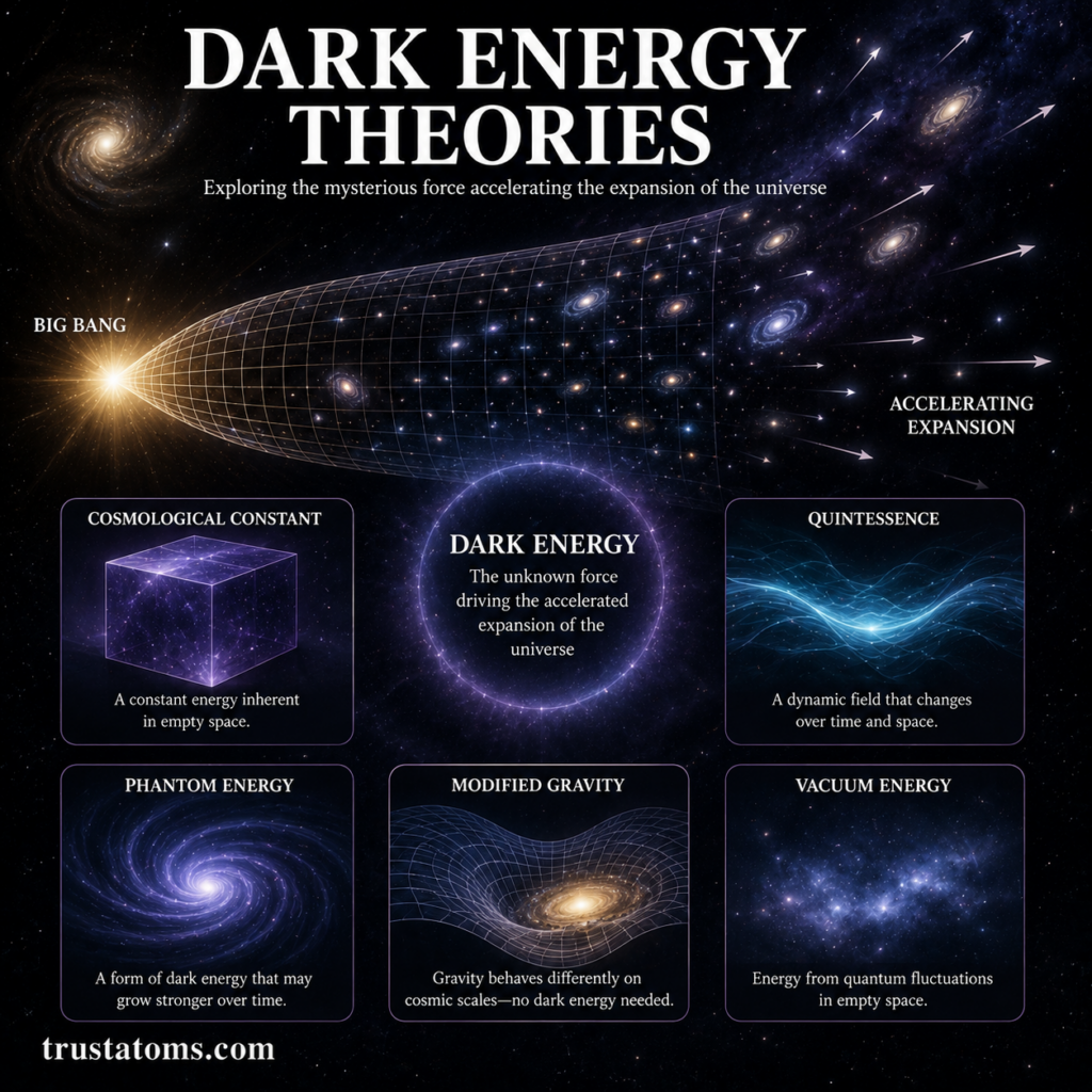 Illustration showing dark energy theories including cosmic expansion, quintessence, vacuum energy, modified gravity, and the accelerating universe.