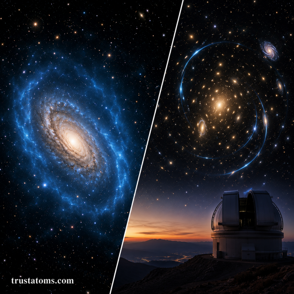 Split illustration showing a galaxy surrounded by a dark matter halo and a space observatory studying gravitational lensing effects in deep space.