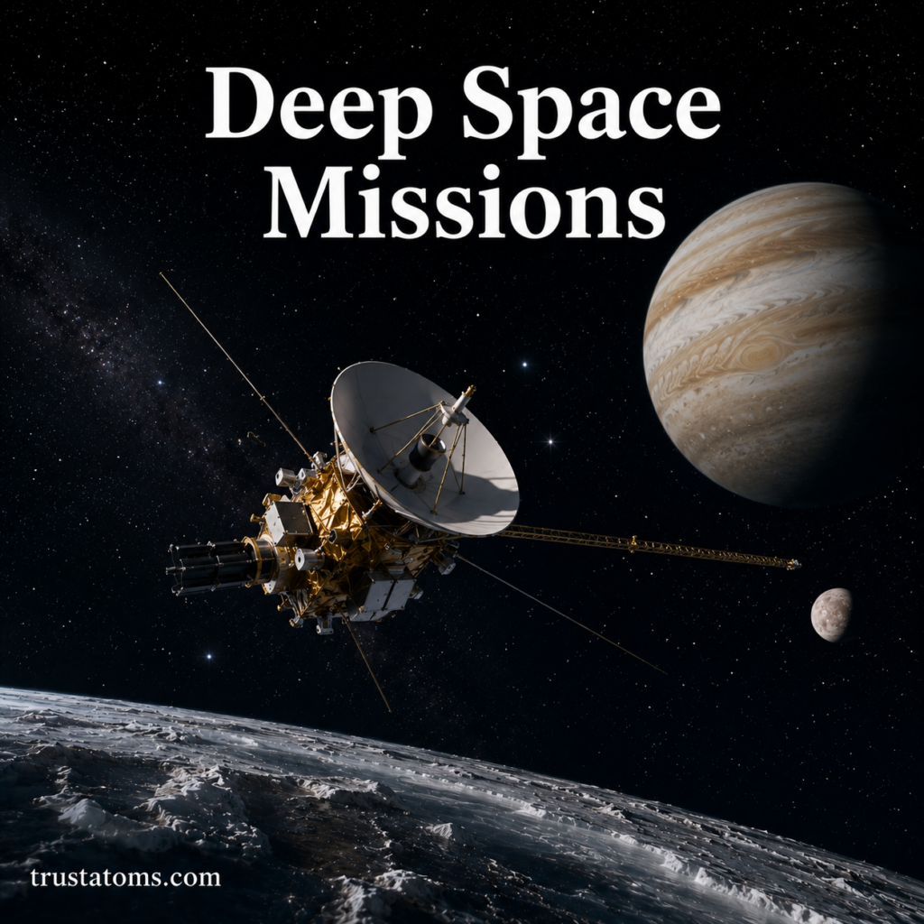 Illustration of a deep space probe traveling near distant planets and icy moons with the title Deep Space Missions.
