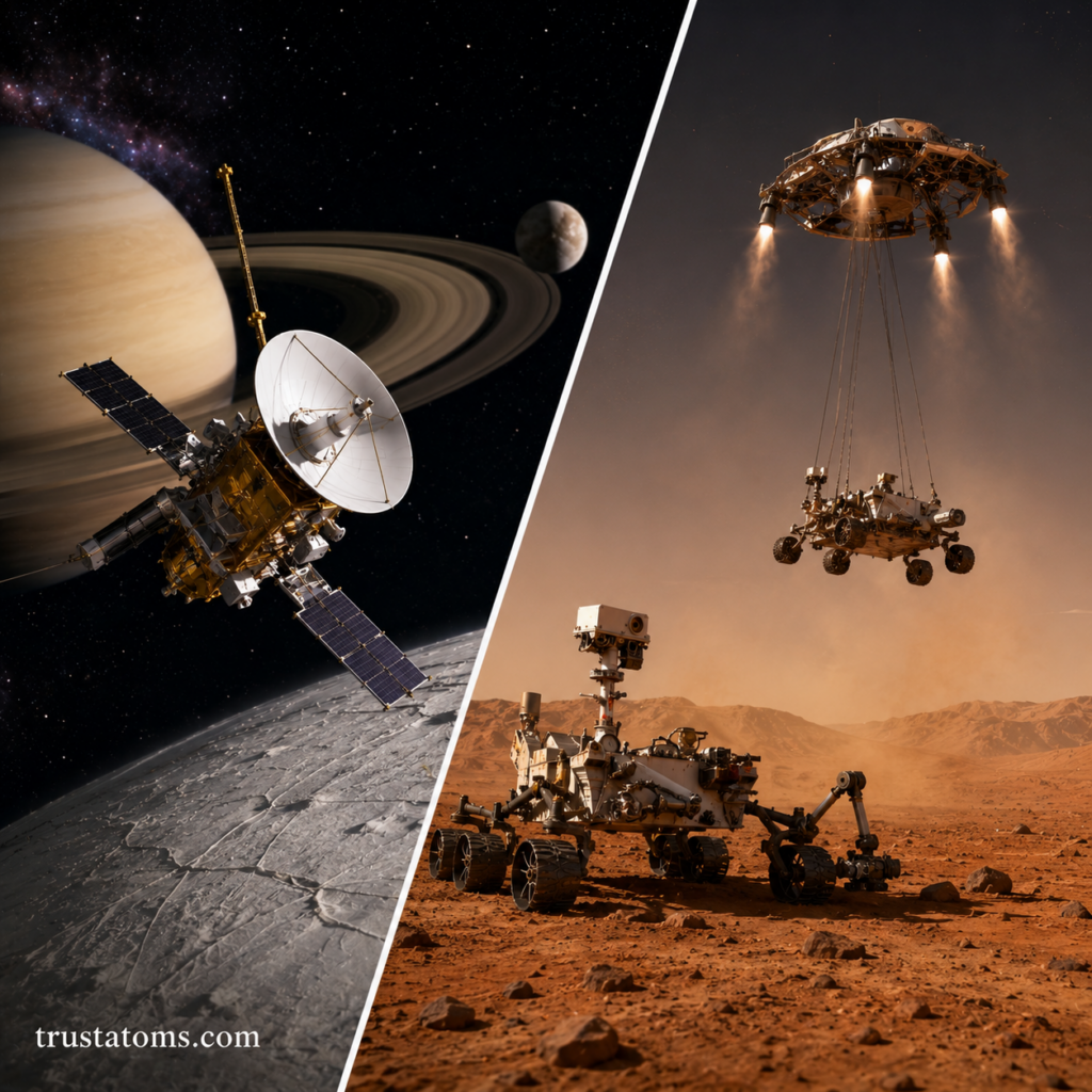 Split illustration showing a deep space probe near a ringed planet on one side and a Mars rover deployment mission on the other.