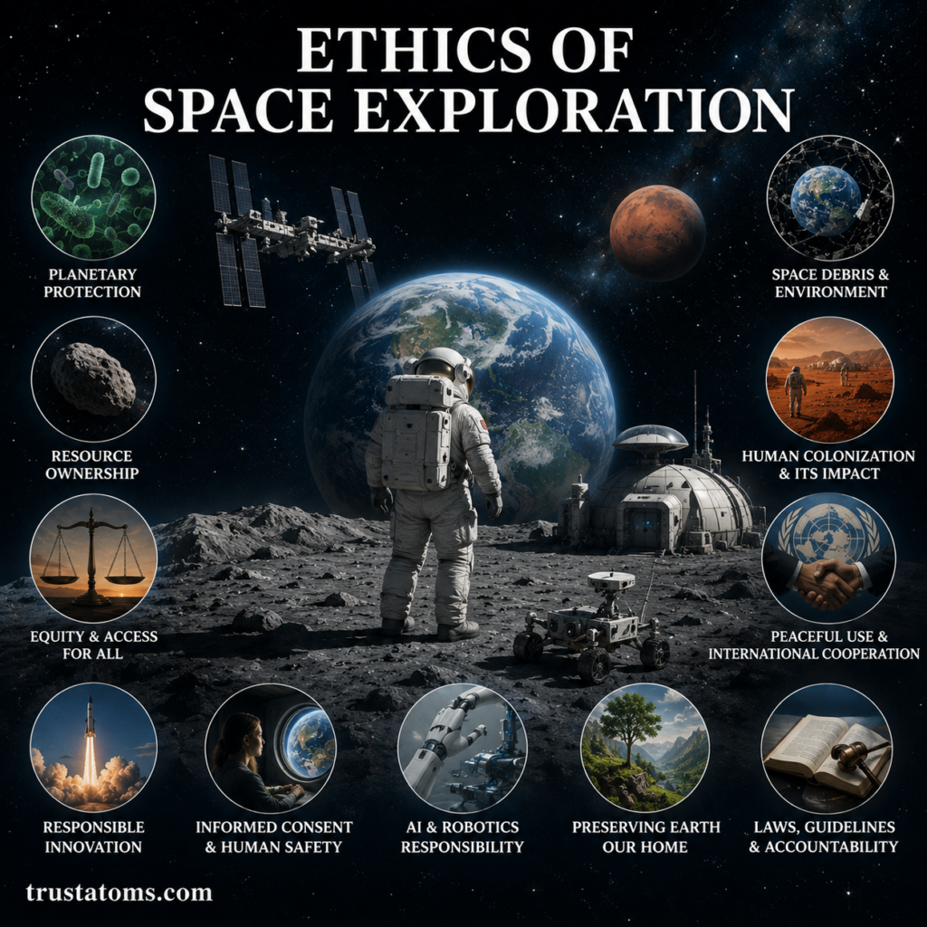 Illustration showing ethical issues in space exploration including planetary protection, human colonization, space debris, AI robotics, and international cooperation.