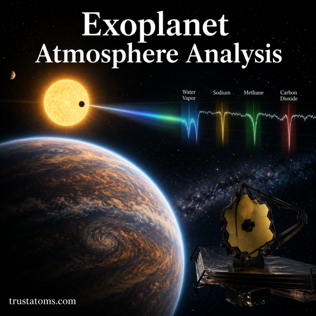 Illustration showing an exoplanet atmosphere being analyzed through spectroscopy with a space telescope and light spectrum data.