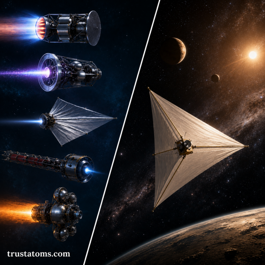 Split-view illustration showing futuristic interstellar propulsion systems alongside a solar sail spacecraft traveling through deep space.
