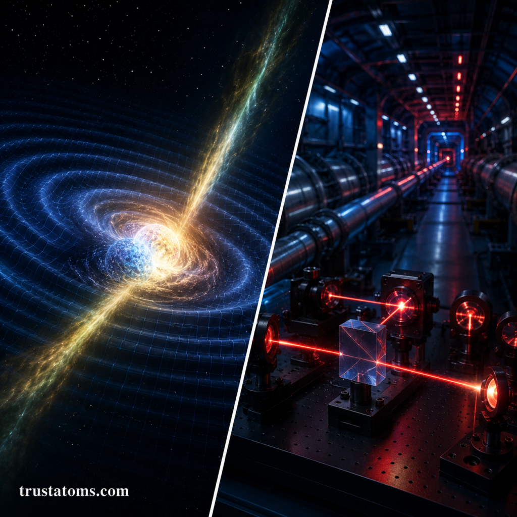 Split illustration showing a neutron star collision creating gravitational waves and a laser interferometer detection system inside a research observatory.