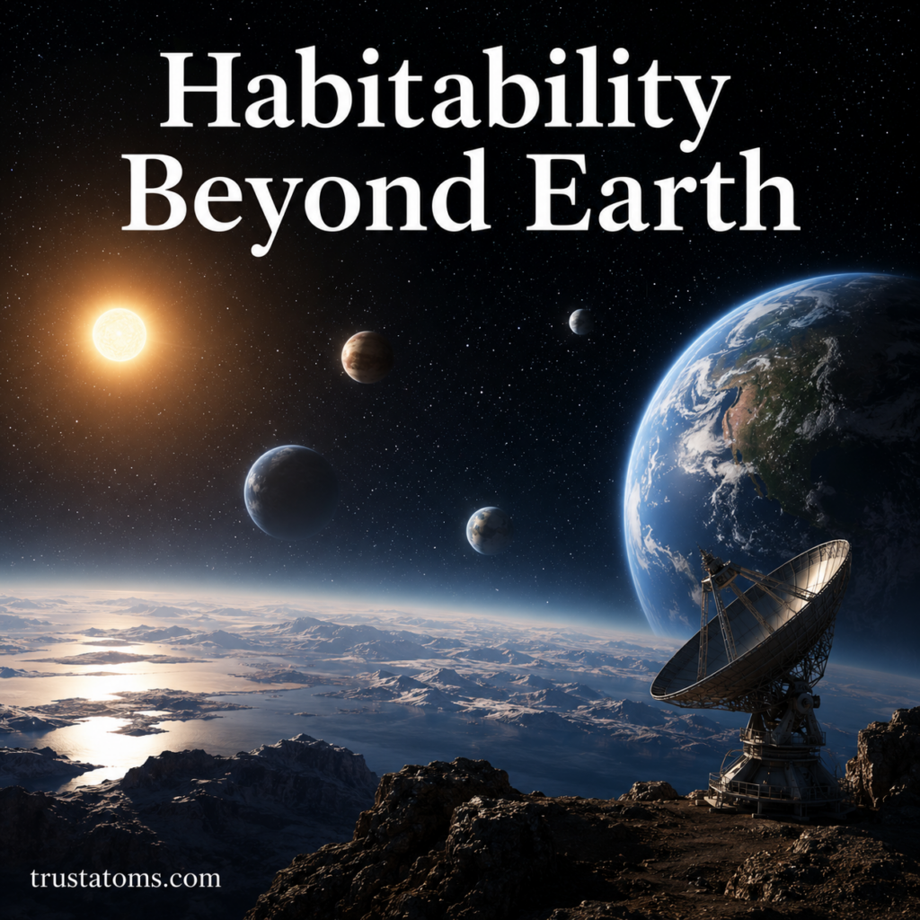 Illustration showing potentially habitable planets beyond Earth with a space observatory overlooking an alien planetary landscape.