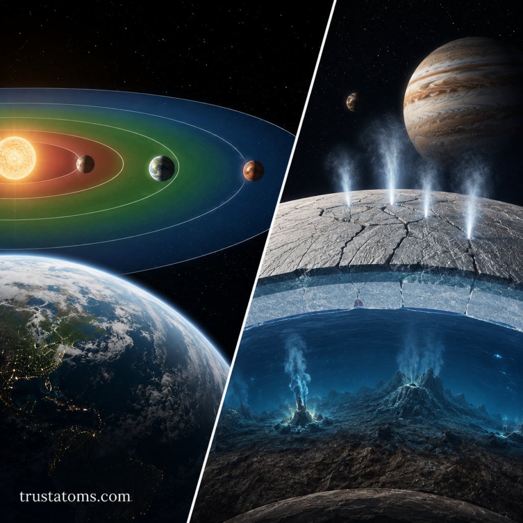 Split-scene illustration showing a habitable zone around a star and an icy moon with a subsurface ocean and water plumes.