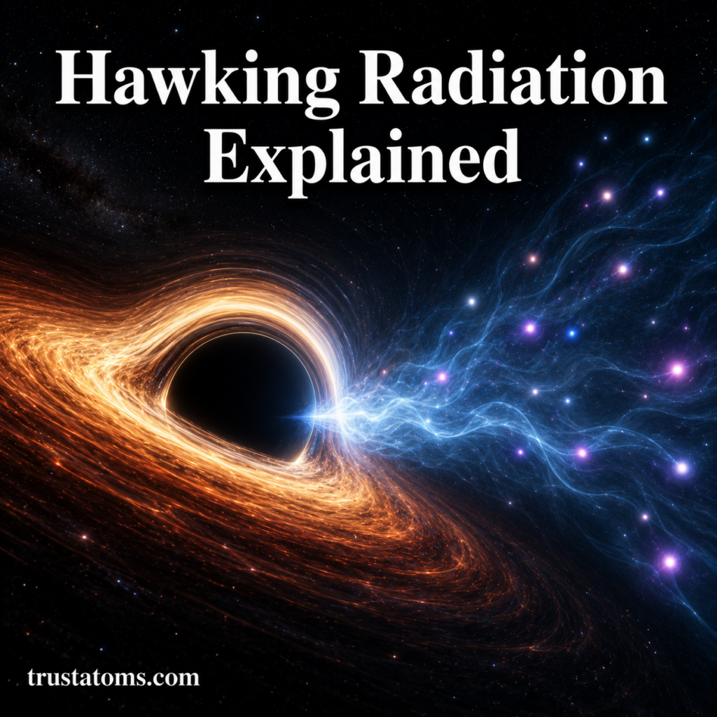 Illustration of a black hole emitting Hawking radiation particles into deep space.