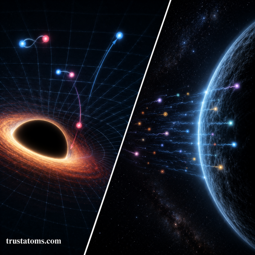 Split illustration showing particle pairs near a black hole event horizon and radiation escaping into space.