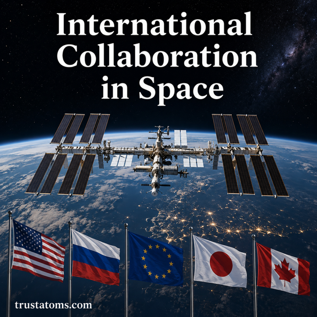 International Space Station orbiting Earth with multiple national flags representing global cooperation in space exploration.