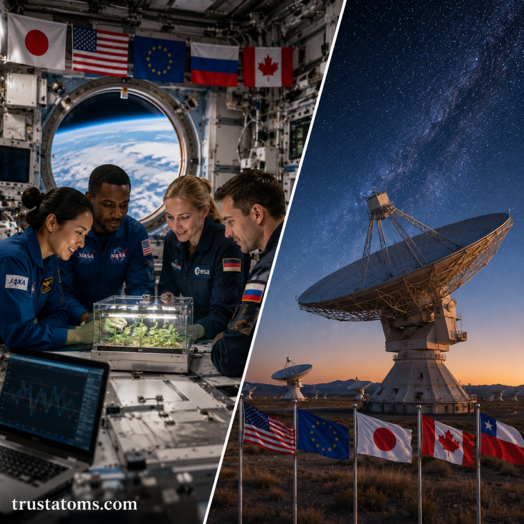 International astronauts conducting scientific research aboard a space station beside a global radio astronomy observatory under the night sky.