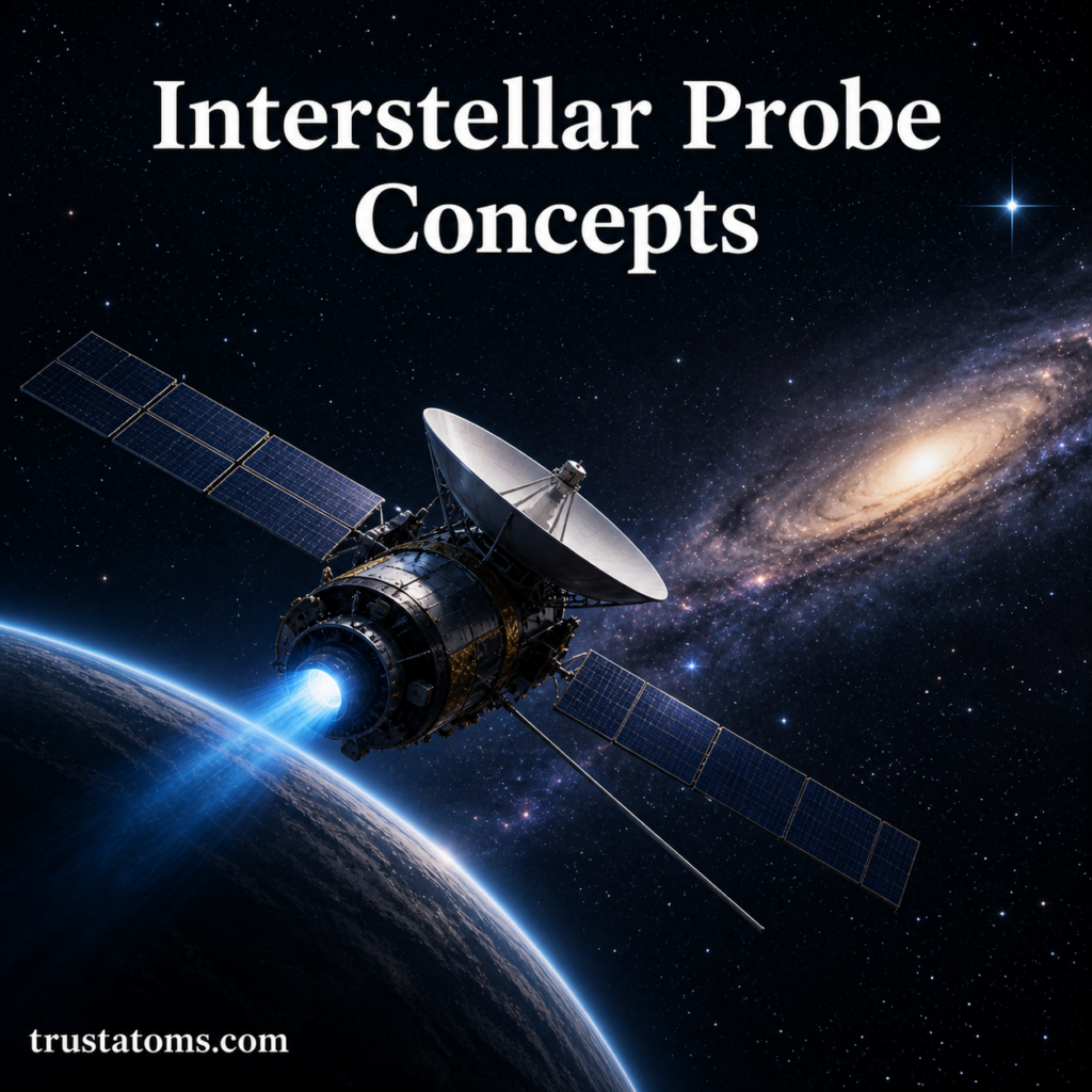 Interstellar space probe traveling beyond the solar system with deep-space stars and galaxies in the background.