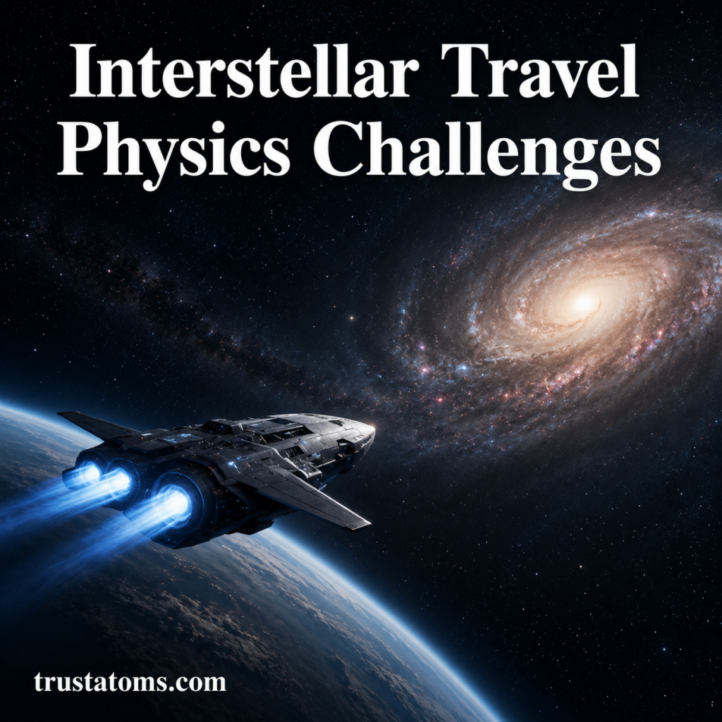 Illustration of a futuristic spacecraft traveling through deep space toward a distant galaxy during interstellar travel.
