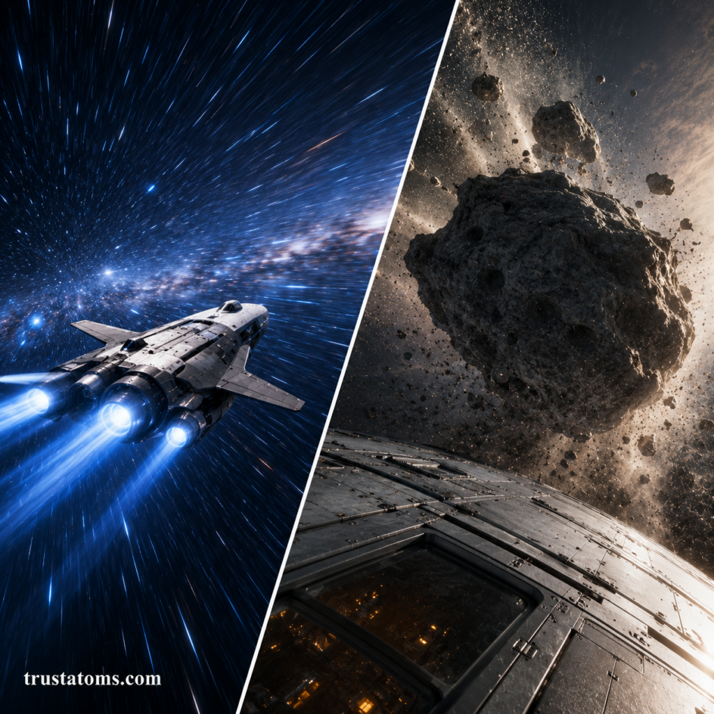 Split illustration showing a spacecraft traveling through deep space and the dangers of asteroid and debris collisions during interstellar travel.