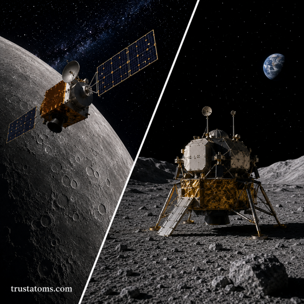 Split illustration showing a lunar orbiter above the Moon on one side and a robotic lunar lander on the Moon’s surface on the other.