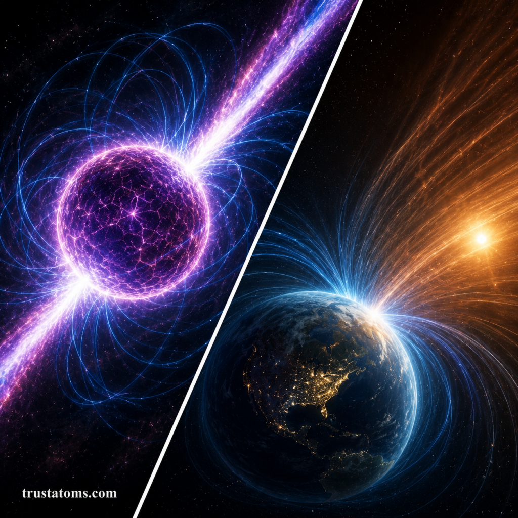 Split illustration comparing a magnetar’s extreme magnetic field with Earth’s protective magnetic environment in space.