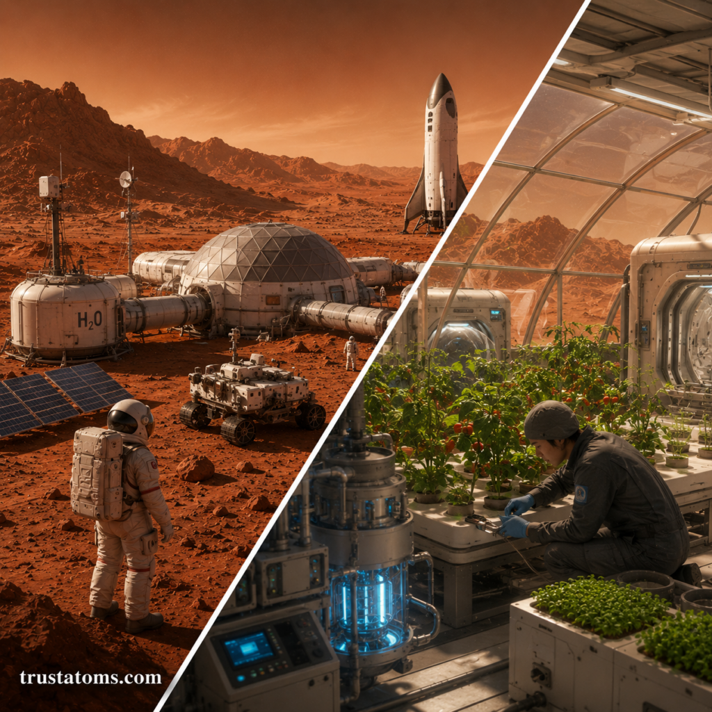 Split illustration showing a futuristic Mars colony with outdoor habitats and an indoor greenhouse used for food production and sustainability.