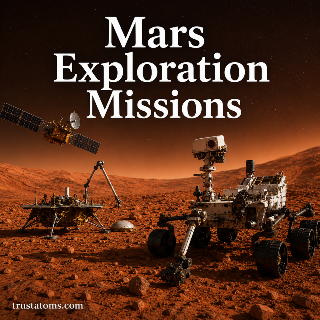 Illustration of Mars exploration missions featuring a rover, lander, and orbiter on the Martian surface with the title Mars Exploration Missions.