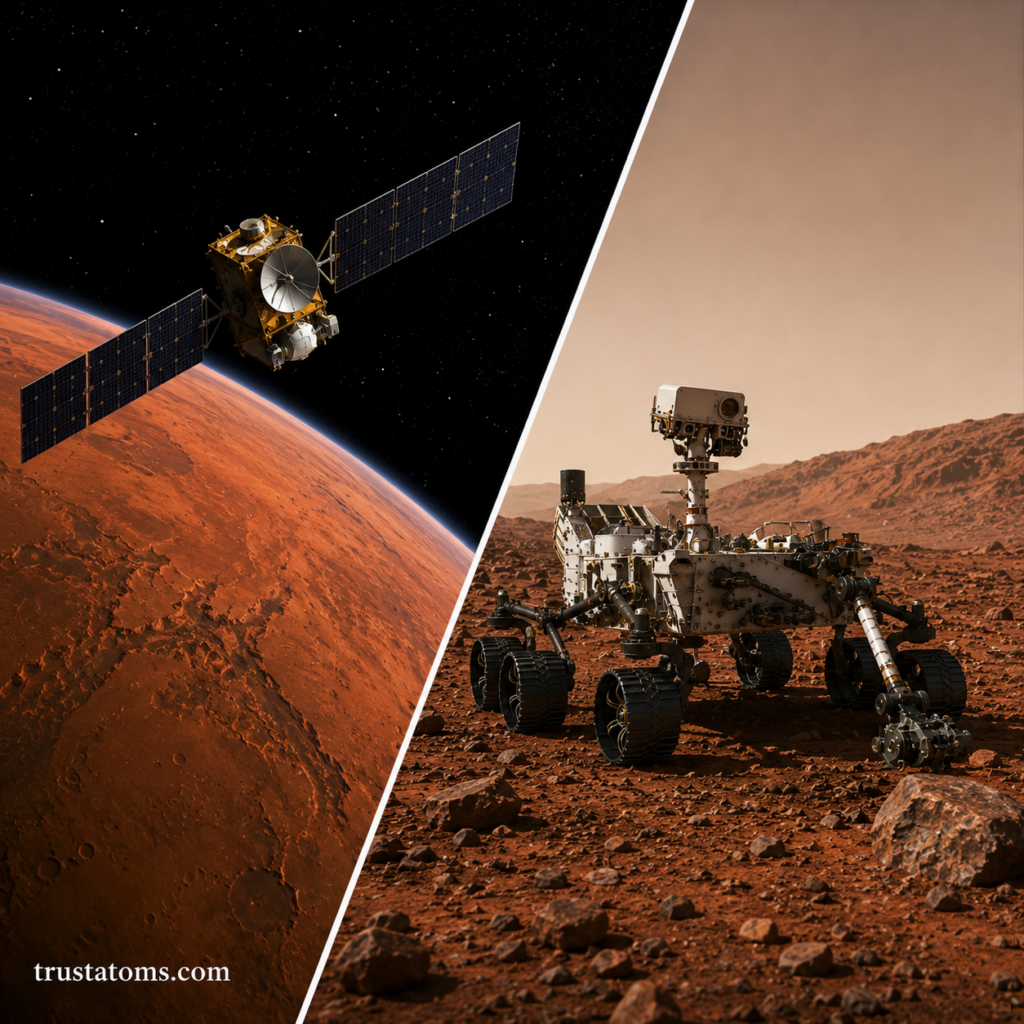 Split illustration showing a Mars orbiter above the planet on one side and a robotic rover exploring the Martian surface on the other.