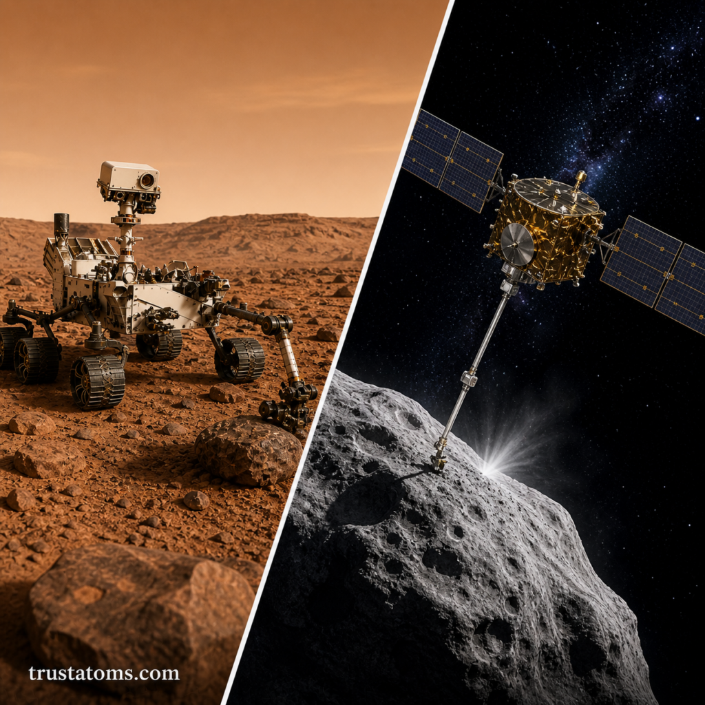 Split illustration showing a Mars rover exploring rocky terrain on one side and a robotic probe collecting samples from an asteroid on the other.