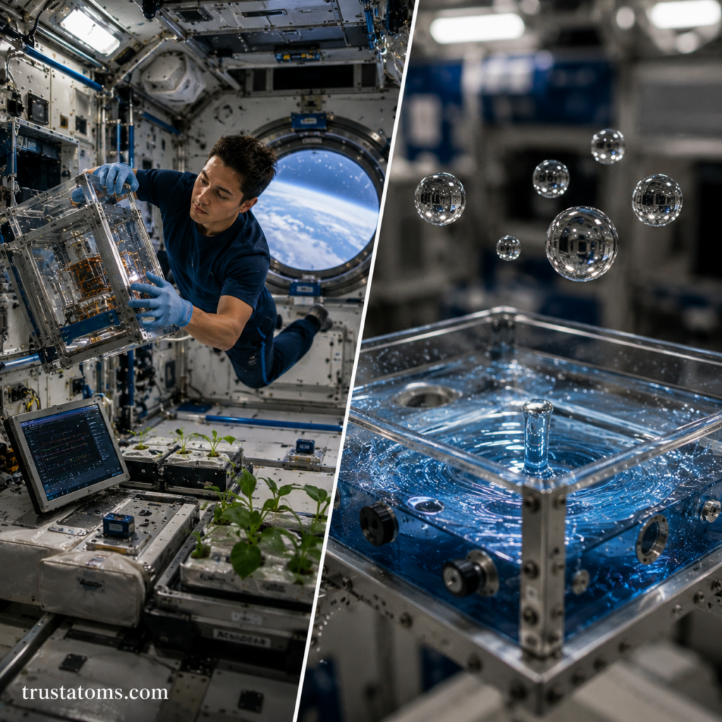 Split illustration of astronauts conducting microgravity experiments and floating liquid droplets demonstrating fluid physics behavior in space.