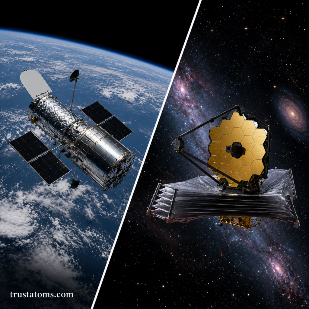 Split illustration showing two different space telescopes in orbit, one above Earth and another observing deep space galaxies.