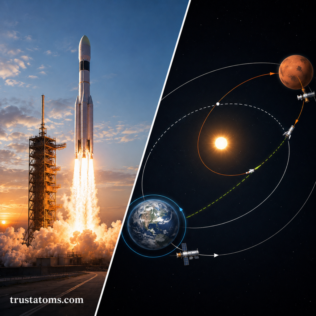 Split-view illustration showing a rocket launch alongside planetary transfer orbits and spacecraft trajectory paths through space.