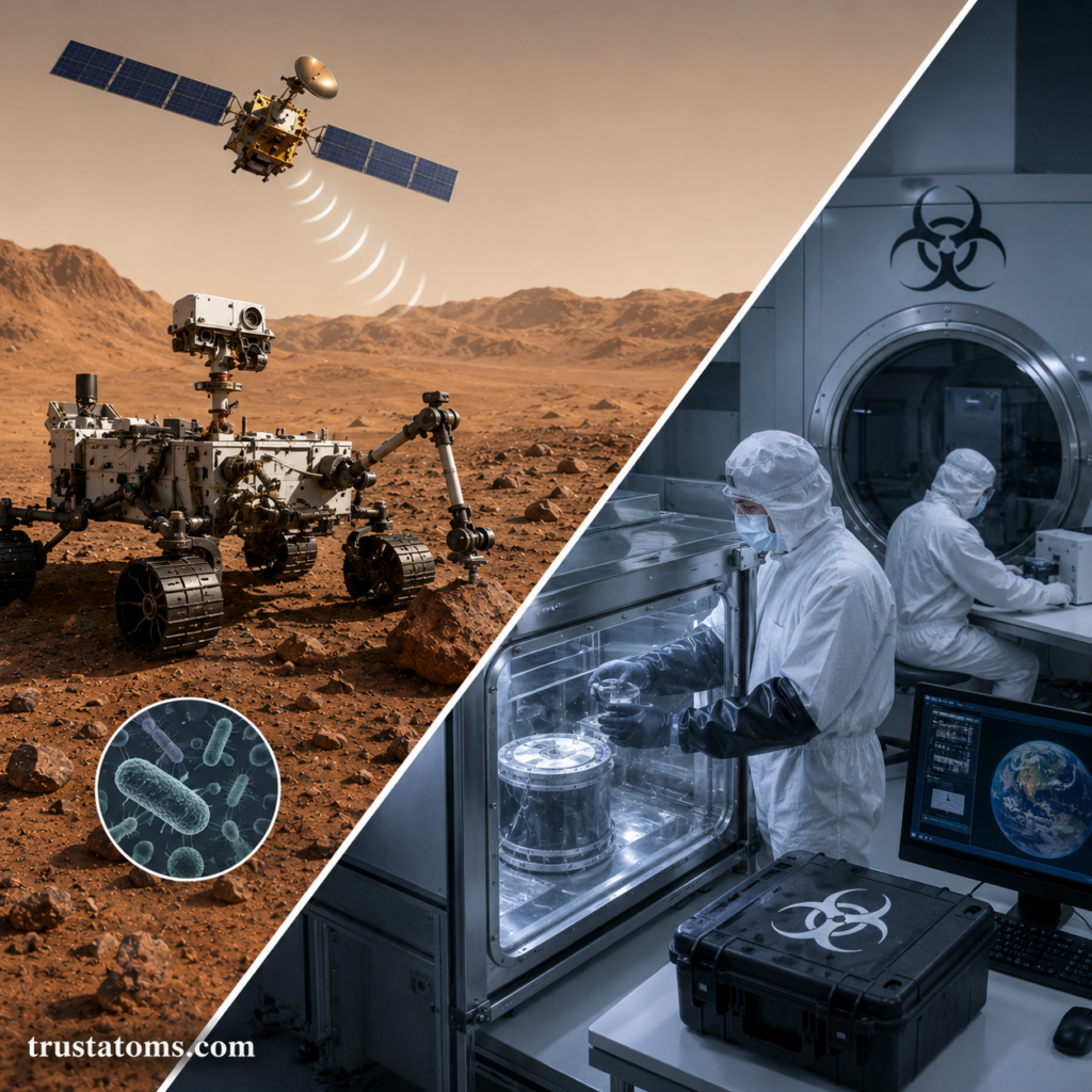 Split illustration showing a Mars rover collecting samples and scientists handling extraterrestrial materials inside a secure containment laboratory.
