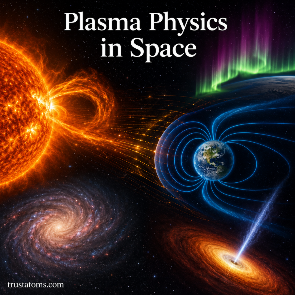 Illustration of plasma physics in space showing the Sun emitting solar plasma toward Earth’s magnetosphere with auroras, galaxies, and a black hole jet in the background.
