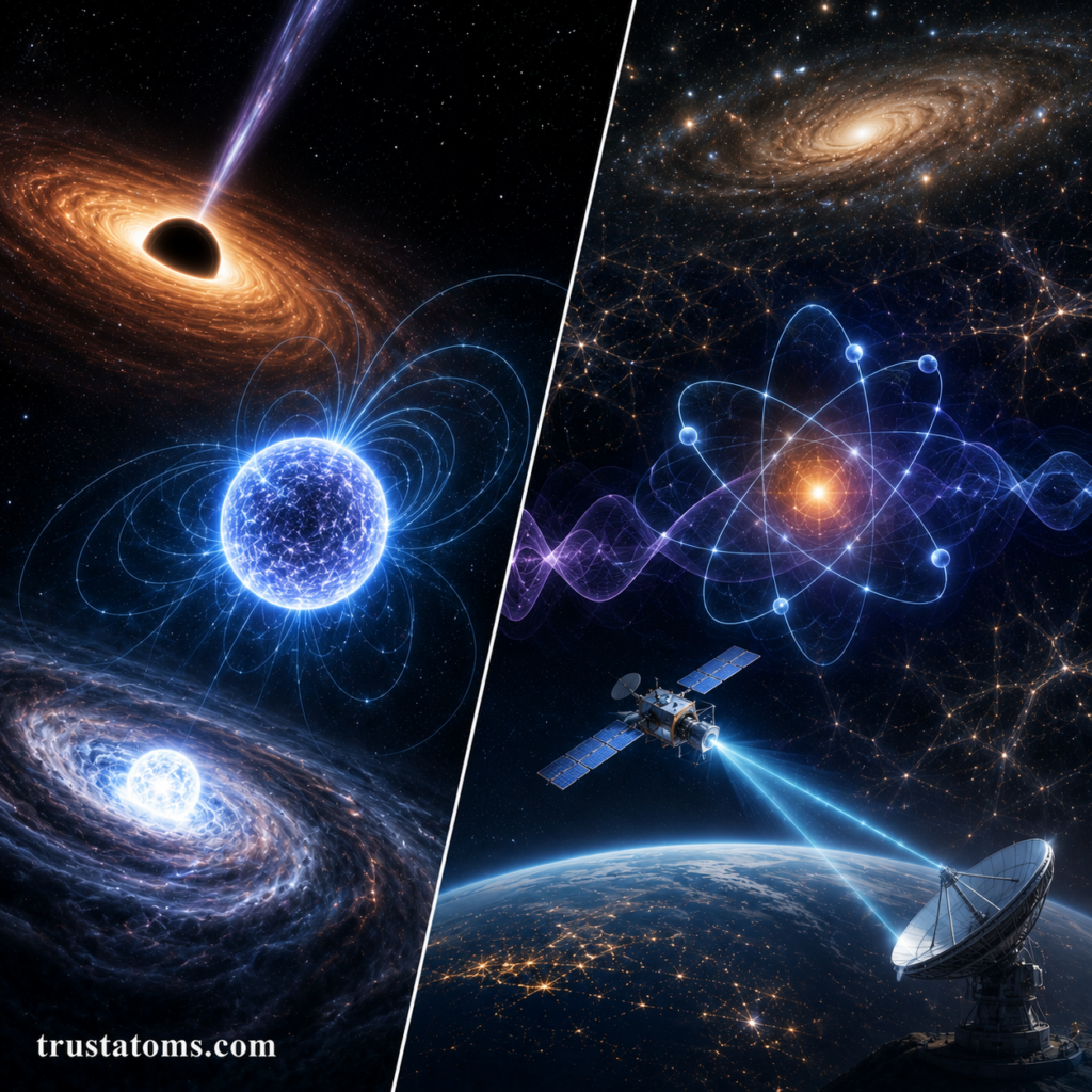 Split illustration showing quantum phenomena near black holes and neutron stars alongside satellites studying quantum communication and particle behavior in space.