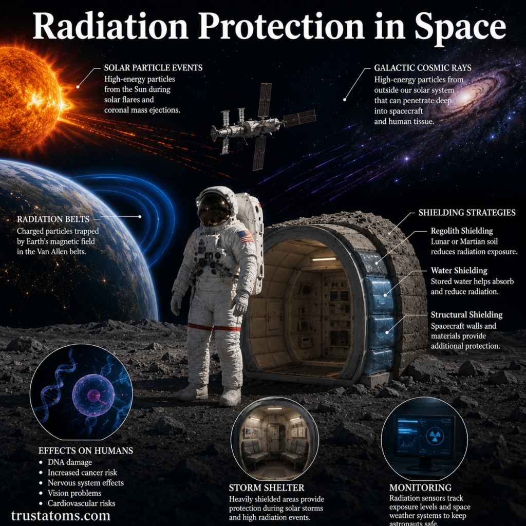 Illustration of radiation protection in space showing cosmic rays, solar radiation, astronaut shielding systems, and protected lunar habitats.