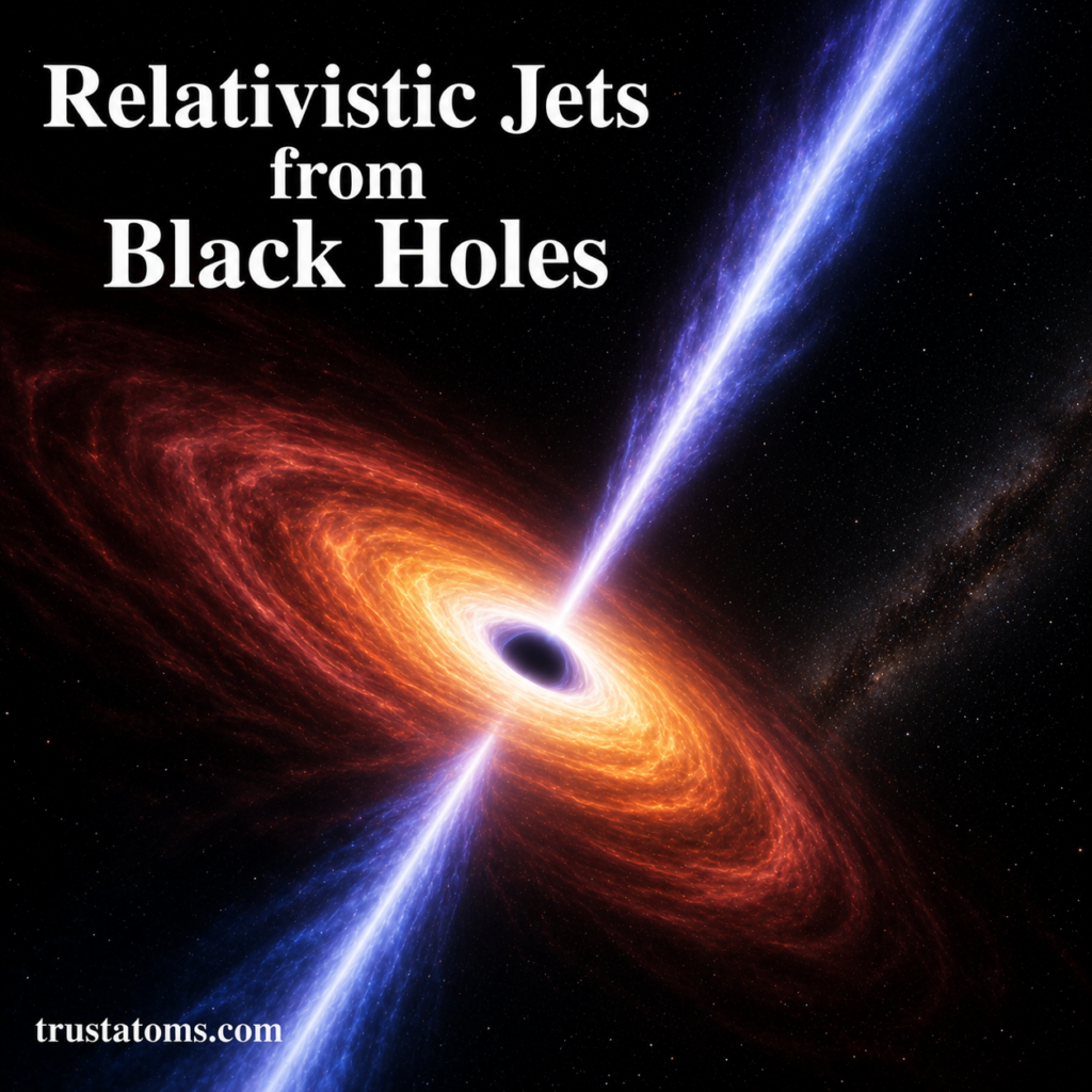 Illustration of relativistic jets blasting outward from a spinning black hole and glowing accretion disk.