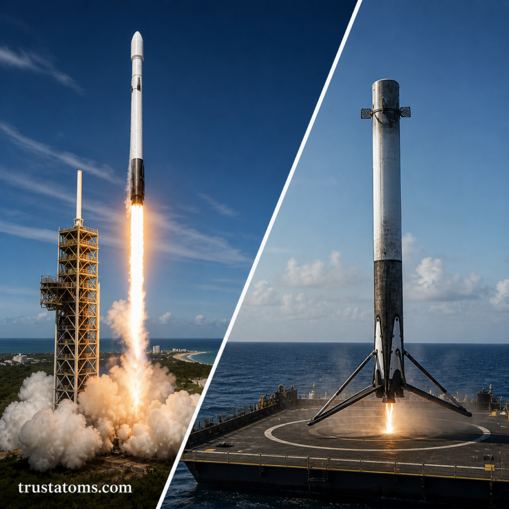 Split illustration showing a reusable rocket launching from a pad on one side and landing vertically on an ocean platform on the other.